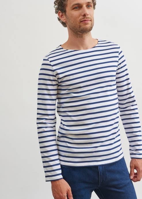 Saint James Men MINQUIERS MODERN V4HD18 Authentic Breton Stripe Shirt Soft Cotton WHITE/NAVY - Image 5