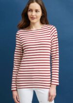 Saint James Men MINQUIERS MODERN V4HD49 Authentic Breton Stripe Shirt Soft Cotton ECRU/MAROON