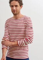 Saint James Men MINQUIERS MODERN V4HD49 Authentic Breton Stripe Shirt Soft Cotton ECRU/MAROON - Image 3