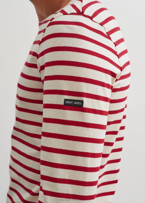 Saint James Men MINQUIERS MODERN V4HD49 Authentic Breton Stripe Shirt Soft Cotton ECRU/MAROON - Image 5