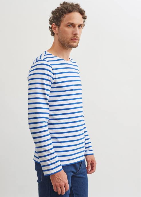 Saint James Men MINQUIERS MODERN V4HD54 Authentic Breton Stripe Shirt Soft Cotton WHITE/ROYAL BLUE - Image 4