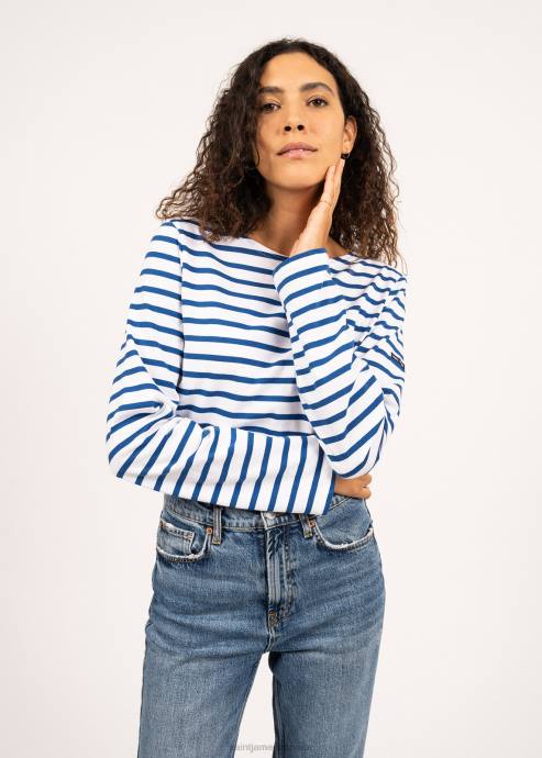 Saint James Men MINQUIERS MODERN V4HD54 Authentic Breton Stripe Shirt Soft Cotton WHITE/ROYAL BLUE - Image 6