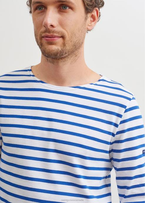 Saint James Men MINQUIERS MODERN V4HD54 Authentic Breton Stripe Shirt Soft Cotton WHITE/ROYAL BLUE - Image 10