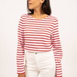 Saint James Men MINQUIERS MODERN V4HD72 Authentic Breton Stripe Shirt Soft Cotton WHITE/RED