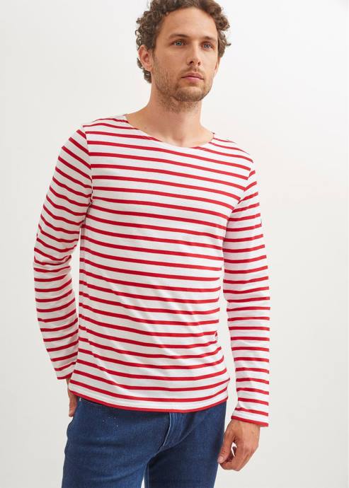Saint James Men MINQUIERS MODERN V4HD72 Authentic Breton Stripe Shirt Soft Cotton WHITE/RED - Image 3