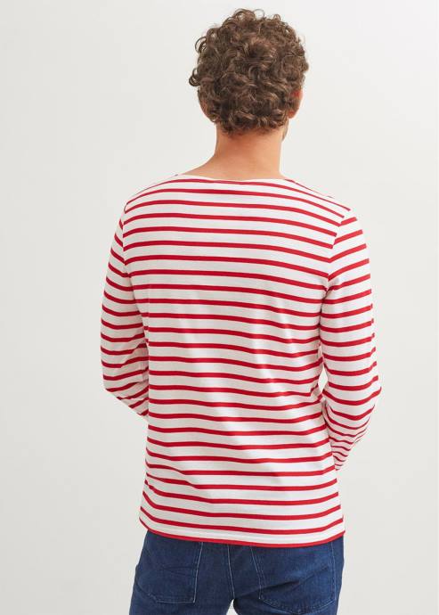 Saint James Men MINQUIERS MODERN V4HD72 Authentic Breton Stripe Shirt Soft Cotton WHITE/RED - Image 4