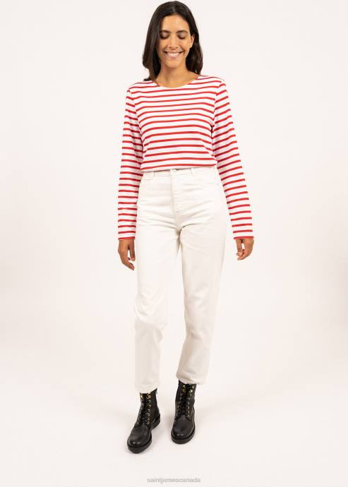 Saint James Men MINQUIERS MODERN V4HD72 Authentic Breton Stripe Shirt Soft Cotton WHITE/RED - Image 5