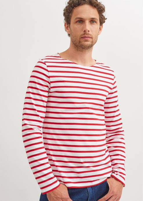 Saint James Men MINQUIERS MODERN V4HD72 Authentic Breton Stripe Shirt Soft Cotton WHITE/RED - Image 8