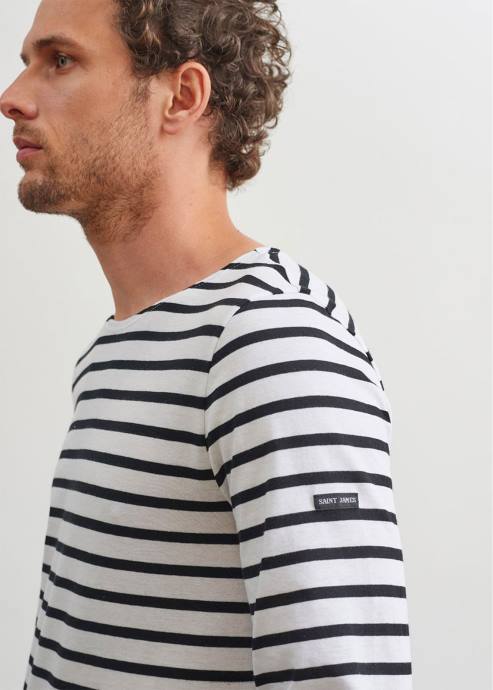 Saint James Men MINQUIERS MODERN V4HD73 Authentic Breton Stripe Shirt Soft Cotton WHITE/BLACK - Image 12