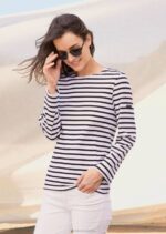 Saint James Men MINQUIERS MODERN V4HD73 Authentic Breton Stripe Shirt Soft Cotton WHITE/BLACK