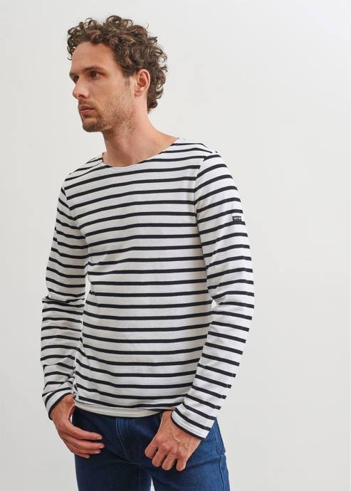 Saint James Men MINQUIERS MODERN V4HD73 Authentic Breton Stripe Shirt Soft Cotton WHITE/BLACK - Image 5