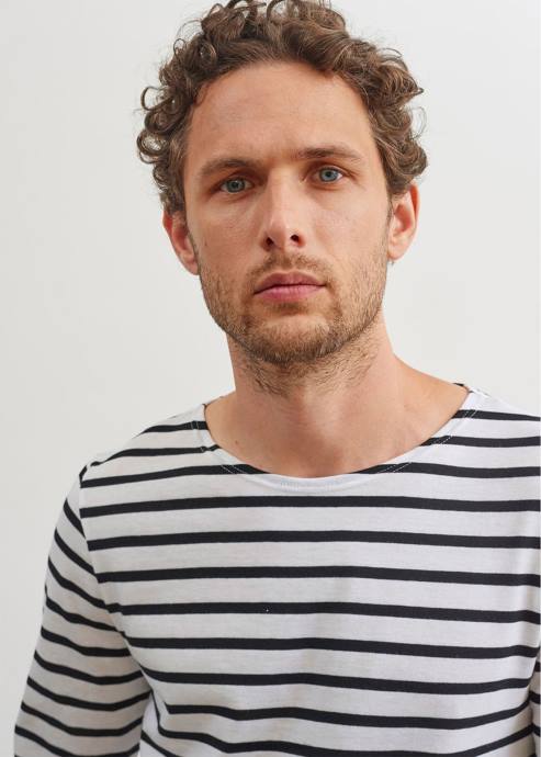 Saint James Men MINQUIERS MODERN V4HD73 Authentic Breton Stripe Shirt Soft Cotton WHITE/BLACK - Image 6