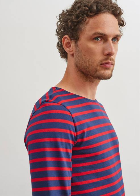 Saint James Men MINQUIERS MODERN V4HD74 Authentic Breton Stripe Shirt Soft Cotton NAVY/RED - Image 8