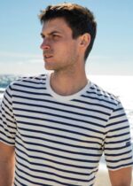 Saint James Men PLOUIDER V4HD142 Breton T-Shirt Crew Neck 100% Cotton ECRU/NAVY