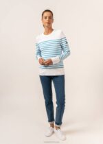 Saint James Unisex AVIGNON V4HD112 Striped Sweater With Button Shoulder in Organic Cotton WHITE/LIGHT BLUE - Image 2