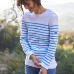 Saint James Unisex AVIGNON V4HD112 Striped Sweater With Button Shoulder in Organic Cotton WHITE/LIGHT BLUE