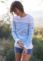 Saint James Unisex AVIGNON V4HD112 Striped Sweater With Button Shoulder in Organic Cotton WHITE/LIGHT BLUE