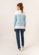 Saint James Unisex AVIGNON V4HD112 Striped Sweater With Button Shoulder in Organic Cotton WHITE/LIGHT BLUE - Image 3