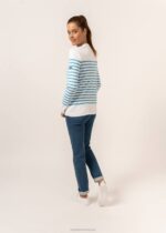 Saint James Unisex AVIGNON V4HD112 Striped Sweater With Button Shoulder in Organic Cotton WHITE/LIGHT BLUE - Image 4