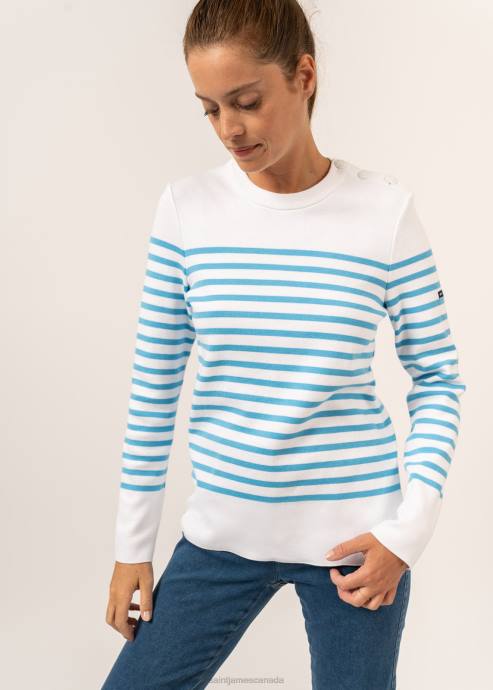 Saint James Unisex AVIGNON V4HD112 Striped Sweater With Button Shoulder in Organic Cotton WHITE/LIGHT BLUE - Image 5