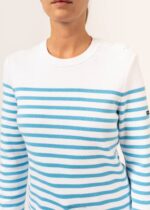 Saint James Unisex AVIGNON V4HD112 Striped Sweater With Button Shoulder in Organic Cotton WHITE/LIGHT BLUE - Image 6