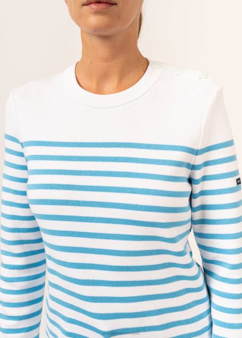 Saint James Unisex AVIGNON V4HD112 Striped Sweater With Button Shoulder in Organic Cotton WHITE/LIGHT BLUE - Image 6