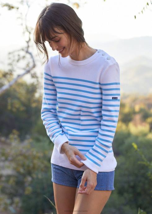 Saint James Unisex AVIGNON V4HD112 Striped Sweater With Button Shoulder in Organic Cotton WHITE/LIGHT BLUE - Image 1