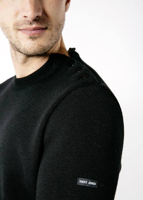 Saint James Unisex CANCALE V4HD164 Wool Fisherman Sweater with Button Shoulder Loose Fit BLACK - Image 2