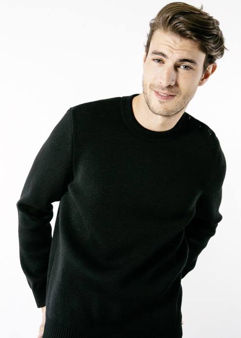 Saint James Unisex CANCALE V4HD164 Wool Fisherman Sweater with Button Shoulder Loose Fit BLACK - Image 4