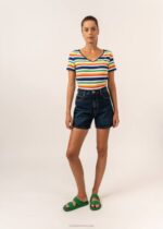 Saint James Unisex CREANCES V4HD2 Striped Tee With Short Sleeves And V-Neck I Made of Recycled Anti-UV Microfiber WHITE/NAVY/YELLOW/TANGERINE - Image 2