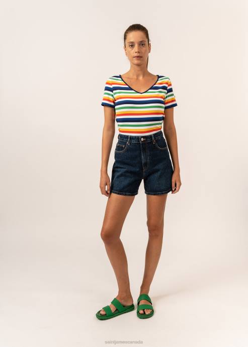 Saint James Unisex CREANCES V4HD2 Striped Tee With Short Sleeves And V-Neck I Made of Recycled Anti-UV Microfiber WHITE/NAVY/YELLOW/TANGERINE - Image 2