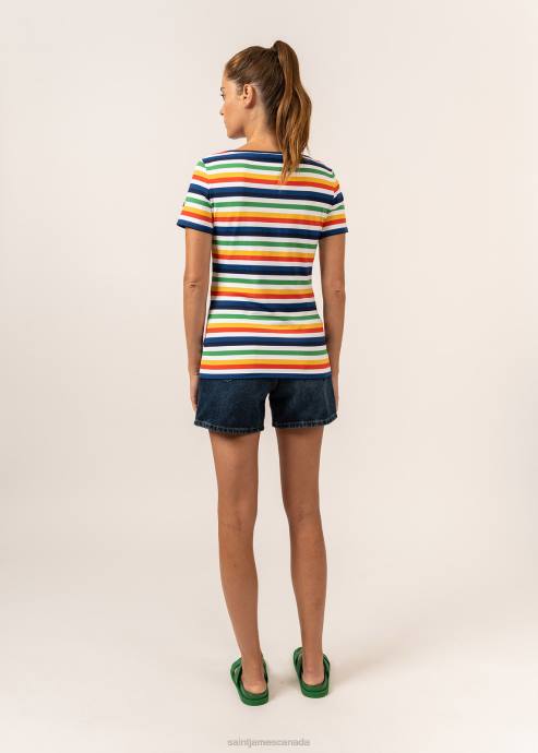 Saint James Unisex CREANCES V4HD2 Striped Tee With Short Sleeves And V-Neck I Made of Recycled Anti-UV Microfiber WHITE/NAVY/YELLOW/TANGERINE - Image 3