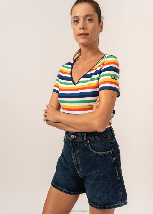 Saint James Unisex CREANCES V4HD2 Striped Tee With Short Sleeves And V-Neck I Made of Recycled Anti-UV Microfiber WHITE/NAVY/YELLOW/TANGERINE - Image 4