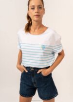 Saint James Unisex LARA V4HD113 Striped Tee With Heart Embroidery 100% Organic Cotton WHITE/LIGHT BLUE - Image 2