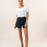 Saint James Unisex LARA V4HD113 Striped Tee With Heart Embroidery 100% Organic Cotton WHITE/LIGHT BLUE