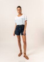 Saint James Unisex LARA V4HD113 Striped Tee With Heart Embroidery 100% Organic Cotton WHITE/LIGHT BLUE