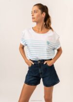 Saint James Unisex LARA V4HD113 Striped Tee With Heart Embroidery 100% Organic Cotton WHITE/LIGHT BLUE - Image 4