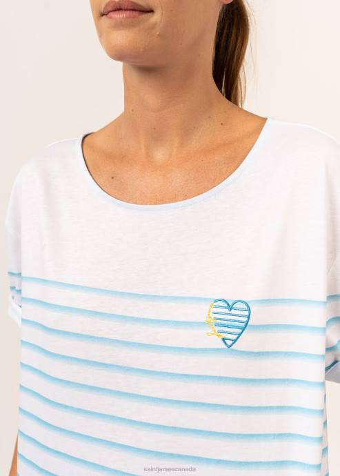 Saint James Unisex LARA V4HD113 Striped Tee With Heart Embroidery 100% Organic Cotton WHITE/LIGHT BLUE - Image 5