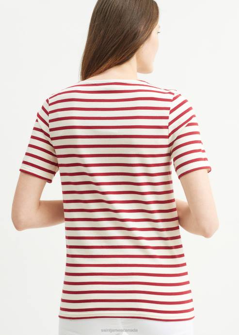 Saint James Unisex LEVANT MODERN V4HD42 Breton Stripe Short Sleeve Shirt Soft Cotton ECRU/MAROON - Image 2