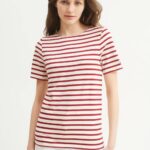 Saint James Unisex LEVANT MODERN V4HD42 Breton Stripe Short Sleeve Shirt Soft Cotton ECRU/MAROON