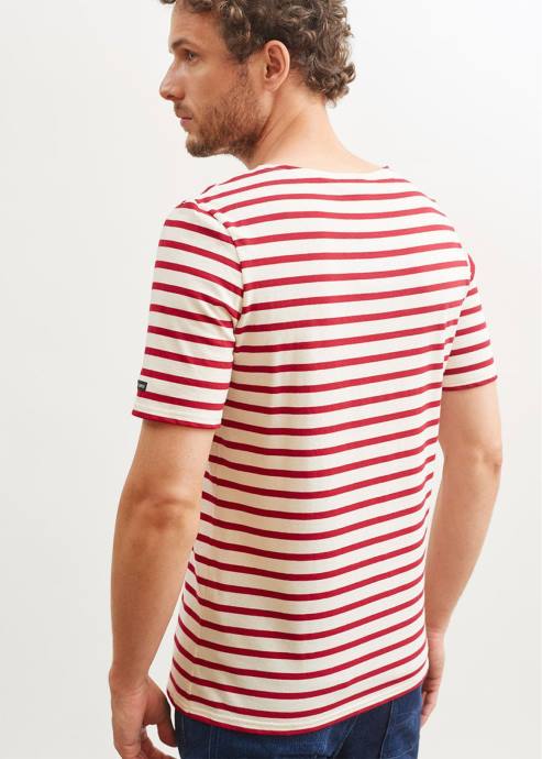 Saint James Unisex LEVANT MODERN V4HD42 Breton Stripe Short Sleeve Shirt Soft Cotton ECRU/MAROON - Image 4