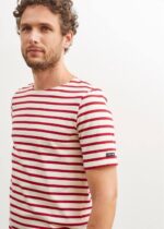 Saint James Unisex LEVANT MODERN V4HD42 Breton Stripe Short Sleeve Shirt Soft Cotton ECRU/MAROON - Image 5