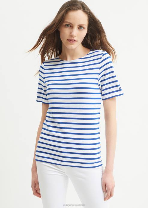 Saint James Unisex LEVANT MODERN V4HD43 Breton Stripe Short Sleeve Shirt Soft Cotton WHITE/ROYAL BLUE - Image 2