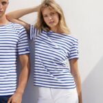 Saint James Unisex LEVANT MODERN V4HD43 Breton Stripe Short Sleeve Shirt Soft Cotton WHITE/ROYAL BLUE