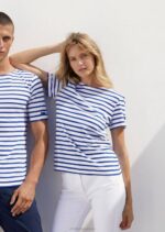 Saint James Unisex LEVANT MODERN V4HD43 Breton Stripe Short Sleeve Shirt Soft Cotton WHITE/ROYAL BLUE
