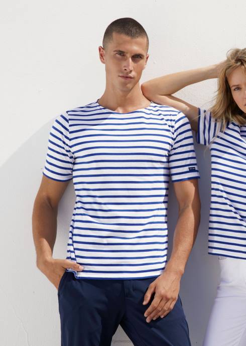 Saint James Unisex LEVANT MODERN V4HD43 Breton Stripe Short Sleeve Shirt Soft Cotton WHITE/ROYAL BLUE - Image 3
