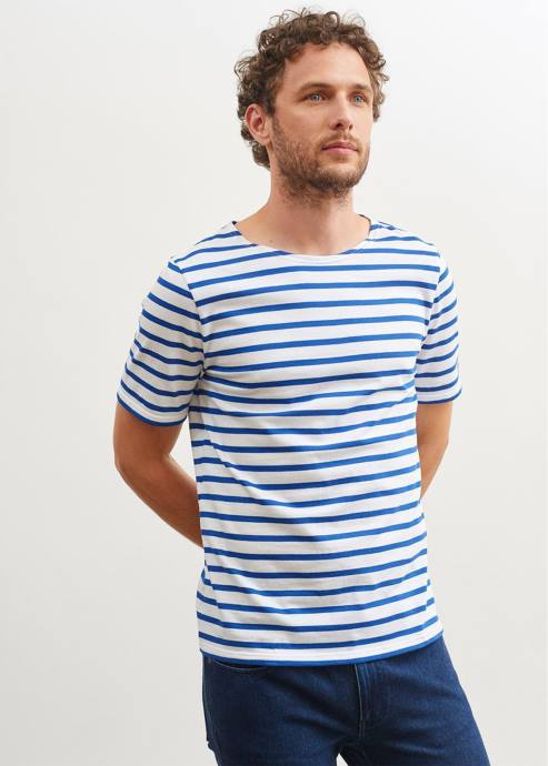 Saint James Unisex LEVANT MODERN V4HD43 Breton Stripe Short Sleeve Shirt Soft Cotton WHITE/ROYAL BLUE - Image 4