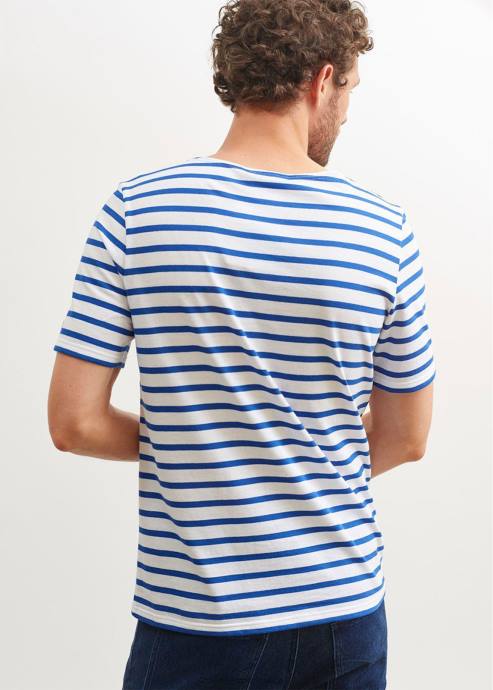 Saint James Unisex LEVANT MODERN V4HD43 Breton Stripe Short Sleeve Shirt Soft Cotton WHITE/ROYAL BLUE - Image 7