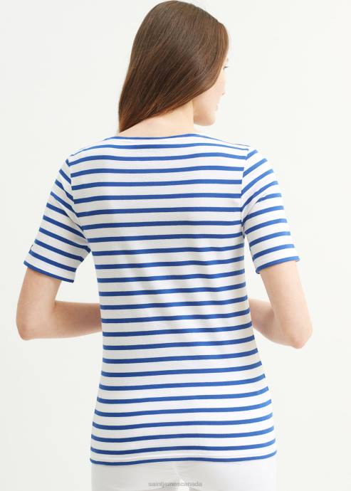 Saint James Unisex LEVANT MODERN V4HD43 Breton Stripe Short Sleeve Shirt Soft Cotton WHITE/ROYAL BLUE - Image 8