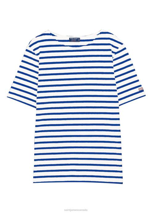 Saint James Unisex LEVANT MODERN V4HD43 Breton Stripe Short Sleeve Shirt Soft Cotton WHITE/ROYAL BLUE - Image 9